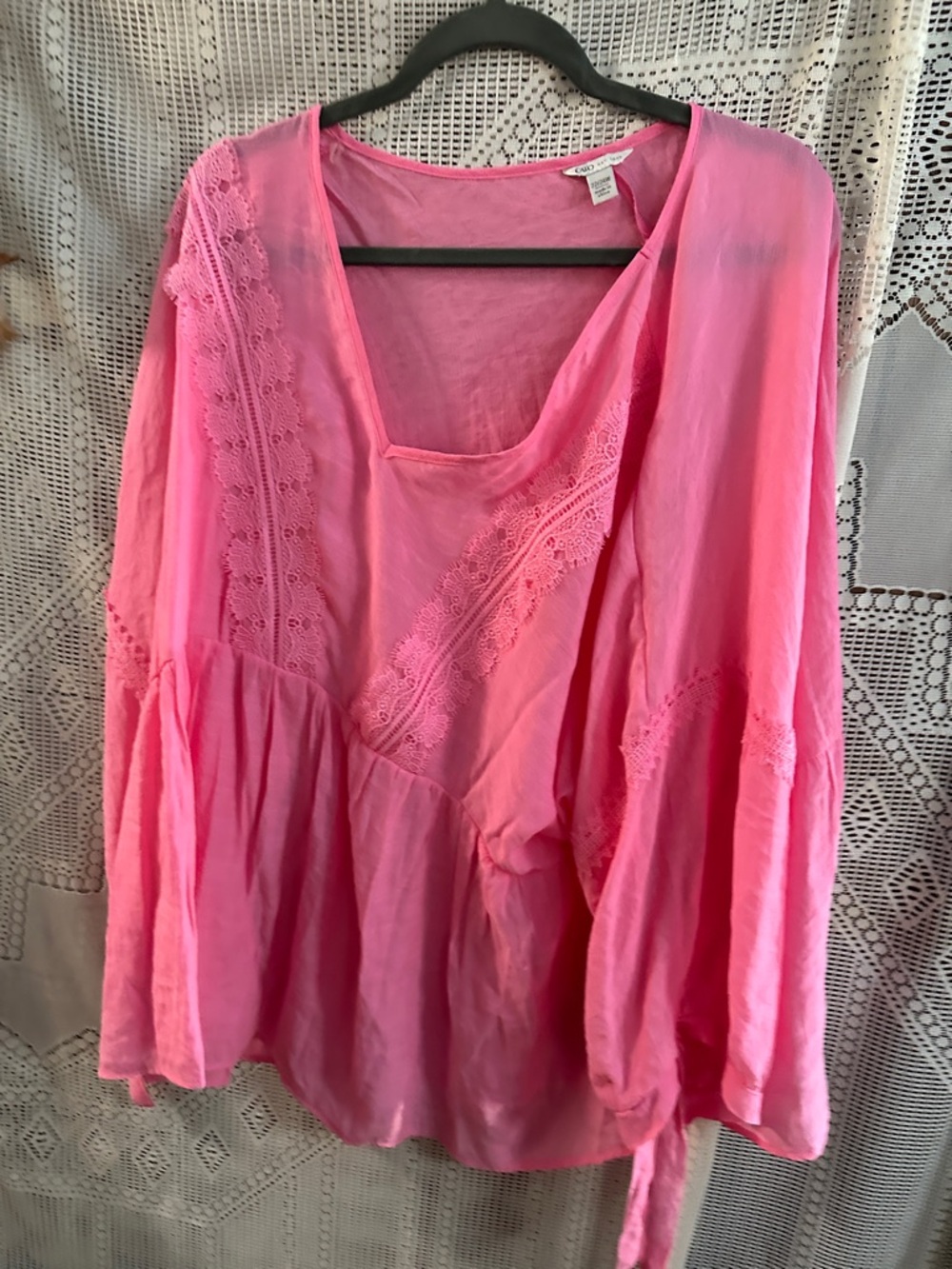 Cato Bright Pink Lace-Trim Peasant Tunic